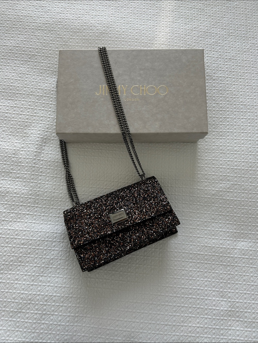 Jimmy Choo Black & Amethyst Glitter Crossbody Bag with Chain Strap